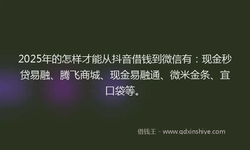 2025年的怎样才能从抖音借钱到微信有：现金秒贷易融、腾飞商城、现金易融通、微米金条、宜口袋等。