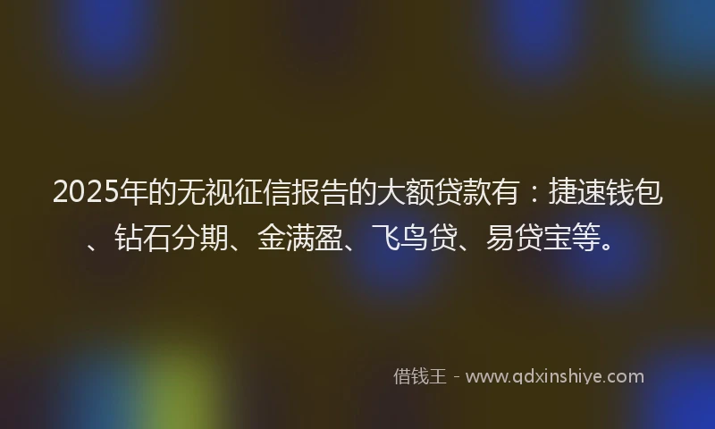 2025年的无视征信报告的大额贷款有：捷速钱包、钻石分期、金满盈、飞鸟贷、易贷宝等。