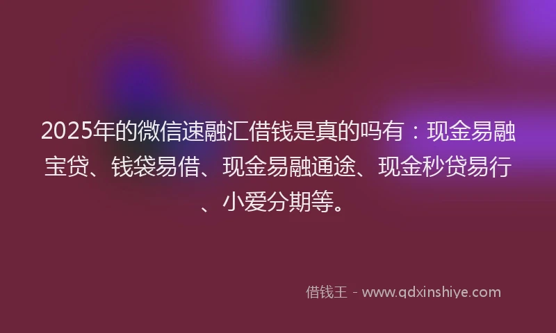 2025年的微信速融汇借钱是真的吗有：现金易融宝贷、钱袋易借、现金易融通途、现金秒贷易行、小爱分期等。