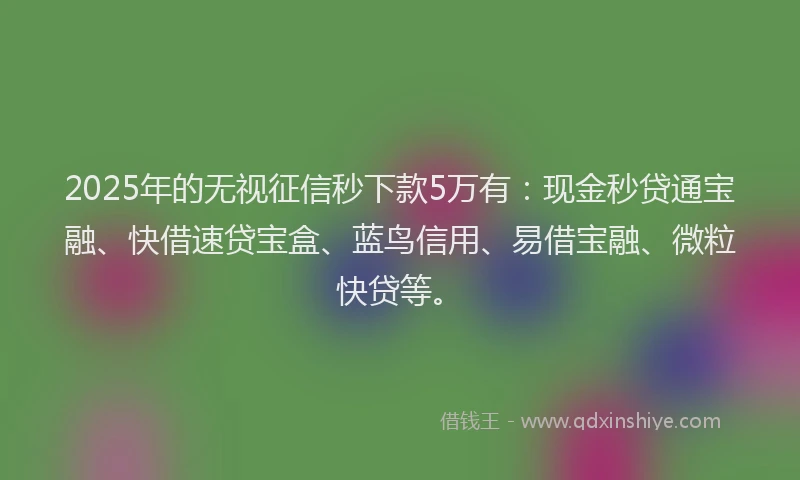 2025年的无视征信秒下款5万有：现金秒贷通宝融、快借速贷宝盒、蓝鸟信用、易借宝融、微粒快贷等。