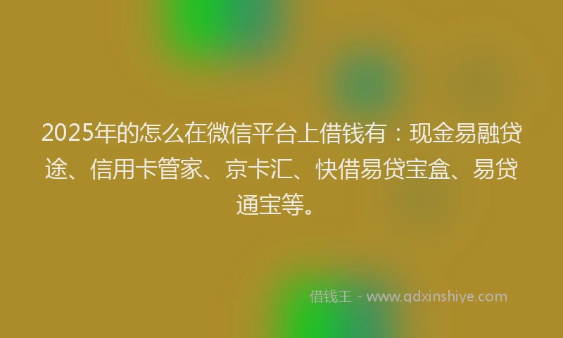 2025年的怎么在微信平台上借钱有：现金易融贷途、信用卡管家、京卡汇、快借易贷宝盒、易贷通宝等。
