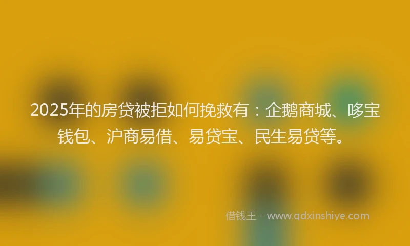 2025年的房贷被拒如何挽救有：企鹅商城、哆宝钱包、沪商易借、易贷宝、民生易贷等。