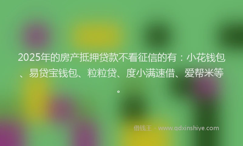 2025年的房产抵押贷款不看征信的有：小花钱包、易贷宝钱包、粒粒贷、度小满速借、爱帮米等。