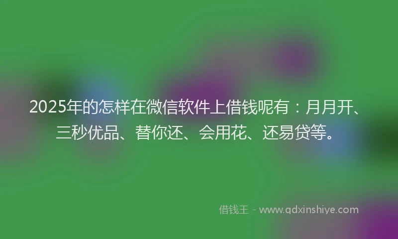 2025年的怎样在微信软件上借钱呢有：月月开、三秒优品、替你还、会用花、还易贷等。