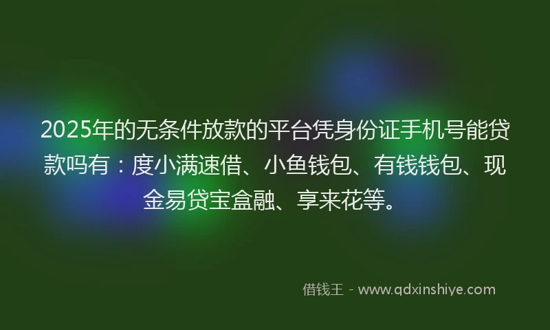 2025年的无条件放款的平台凭身份证手机号能贷款吗有：度小满速借、小鱼钱包、有钱钱包、现金易贷宝盒融、享来花等。