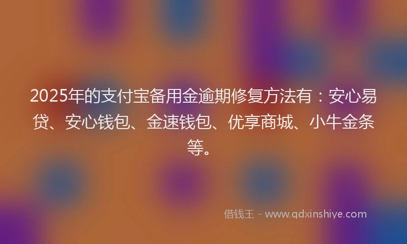 2025年的支付宝备用金逾期修复方法有：安心易贷、安心钱包、金速钱包、优享商城、小牛金条等。