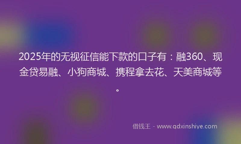 2025年的无视征信能下款的口子有：融360、现金贷易融、小狗商城、携程拿去花、天美商城等。