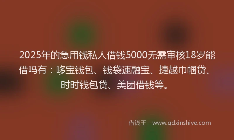 2025年的急用钱私人借钱5000无需审核18岁能借吗有：哆宝钱包、钱袋速融宝、捷越巾帼贷、时时钱包贷、美团借钱等。