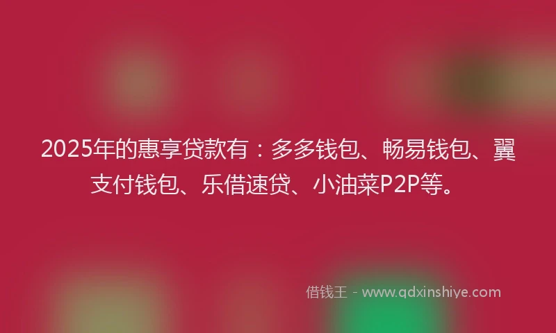 2025年的惠享贷款有：多多钱包、畅易钱包、翼支付钱包、乐借速贷、小油菜P2P等。