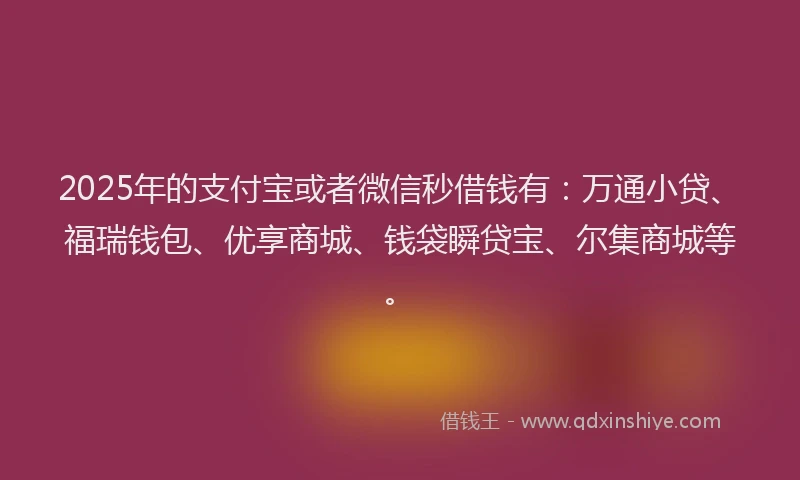2025年的支付宝或者微信秒借钱有：万通小贷、福瑞钱包、优享商城、钱袋瞬贷宝、尔集商城等。