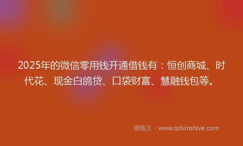 2025年的微信零用钱开通借钱有：恒创商城、时代花、现金白鸽贷、口袋财富、慧融钱包等。