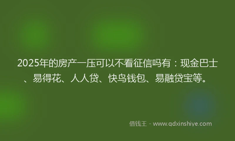 2025年的房产一压可以不看征信吗有：现金巴士、易得花、人人贷、快鸟钱包、易融贷宝等。