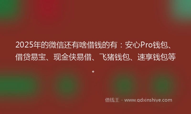 2025年的微信还有啥借钱的有：安心Pro钱包、借贷易宝、现金侠易借、飞猪钱包、速享钱包等。