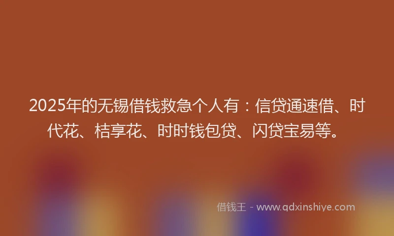 2025年的无锡借钱救急个人有：信贷通速借、时代花、桔享花、时时钱包贷、闪贷宝易等。
