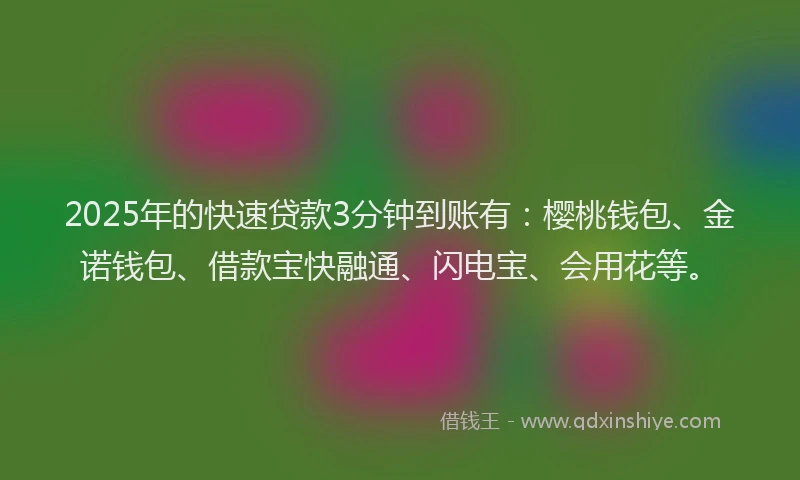 2025年的快速贷款3分钟到账有：樱桃钱包、金诺钱包、借款宝快融通、闪电宝、会用花等。