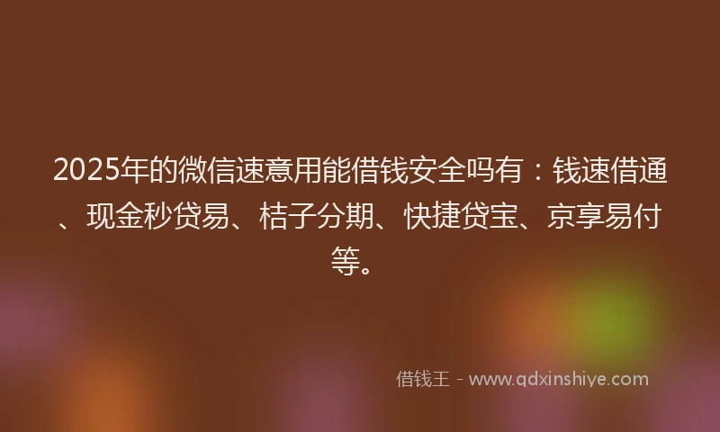 2025年的微信速意用能借钱安全吗有：钱速借通、现金秒贷易、桔子分期、快捷贷宝、京享易付等。