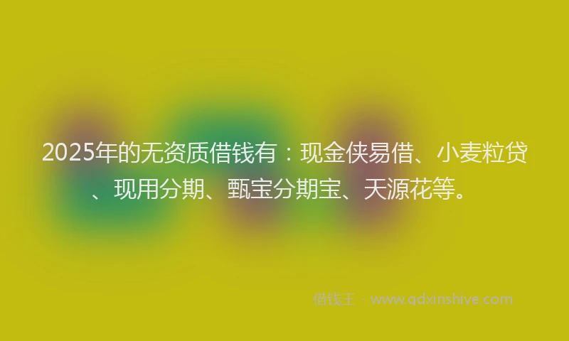 2025年的无资质借钱有：现金侠易借、小麦粒贷、现用分期、甄宝分期宝、天源花等。