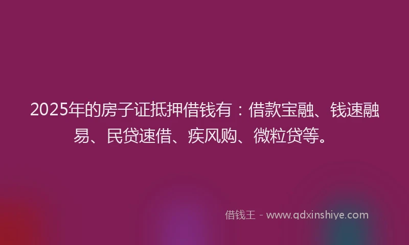 2025年的房子证抵押借钱有：借款宝融、钱速融易、民贷速借、疾风购、微粒贷等。