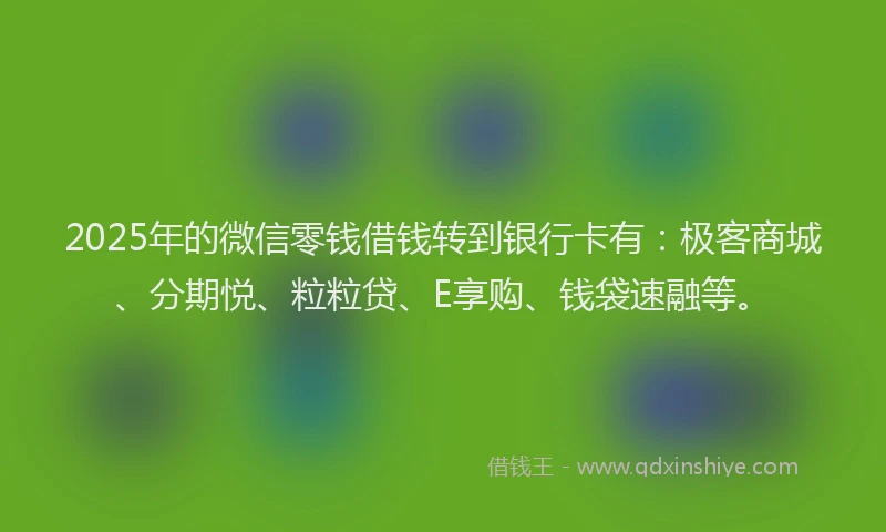 2025年的微信零钱借钱转到银行卡有：极客商城、分期悦、粒粒贷、E享购、钱袋速融等。