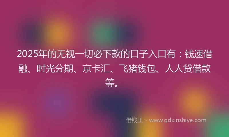 2025年的无视一切必下款的口子入口有：钱速借融、时光分期、京卡汇、飞猪钱包、人人贷借款等。