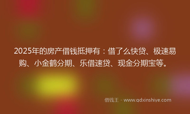 2025年的房产借钱抵押有：借了么快贷、极速易购、小金鹤分期、乐借速贷、现金分期宝等。