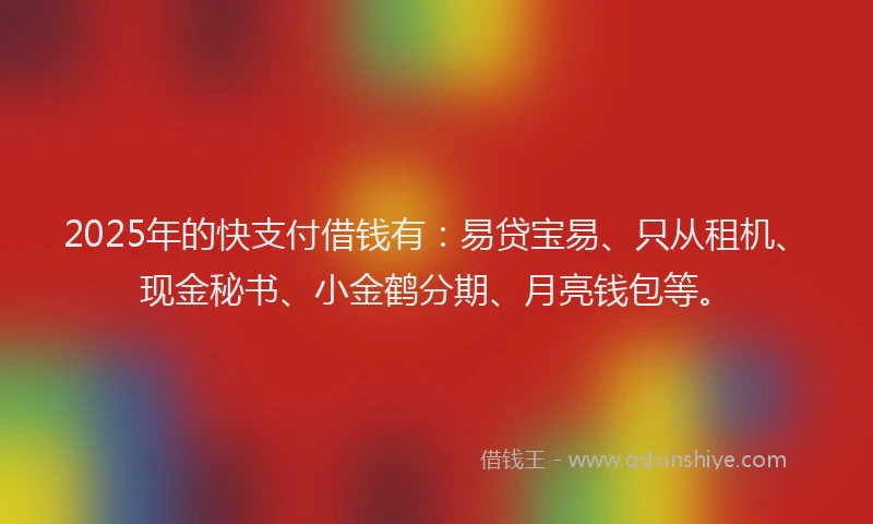 2025年的快支付借钱有：易贷宝易、只从租机、现金秘书、小金鹤分期、月亮钱包等。