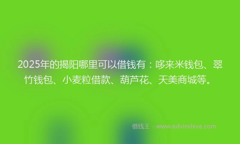 2025年的揭阳哪里可以借钱有：哆来米钱包、翠竹钱包、小麦粒借款、葫芦花、天美商城等。
