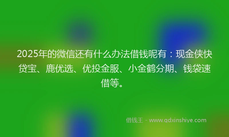 2025年的微信还有什么办法借钱呢有：现金侠快贷宝、鹿优选、优投金服、小金鹤分期、钱袋速借等。