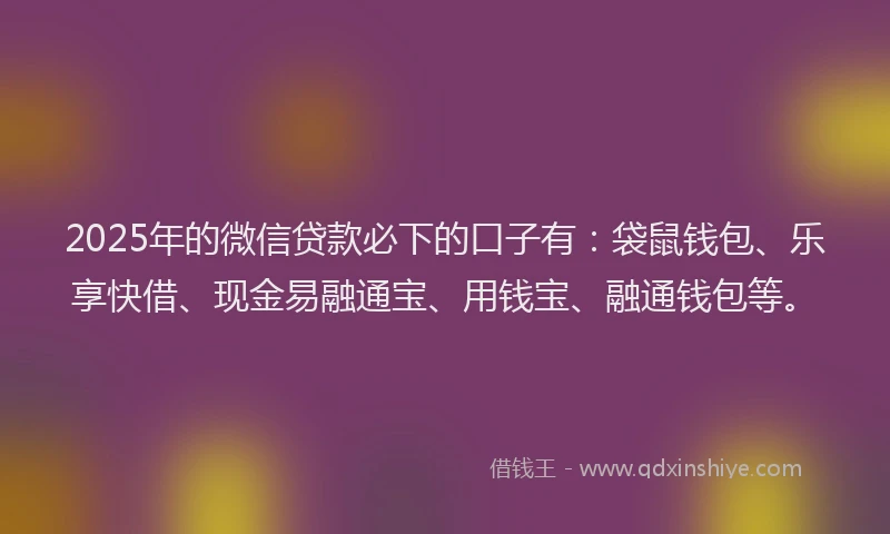 2025年的微信贷款必下的口子有：袋鼠钱包、乐享快借、现金易融通宝、用钱宝、融通钱包等。