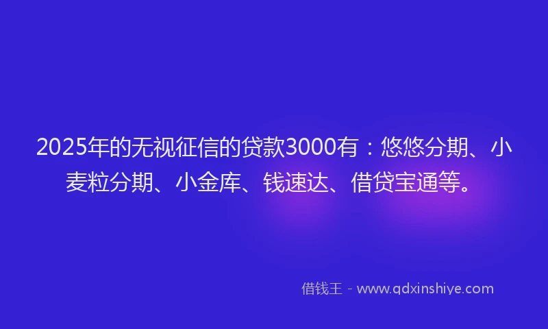 2025年的无视征信的贷款3000有：悠悠分期、小麦粒分期、小金库、钱速达、借贷宝通等。