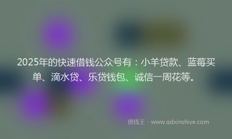 2025年的快速借钱公众号有：小羊贷款、蓝莓买单、滴水贷、乐贷钱包、诚信一周花等。