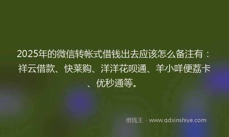 2025年的微信转帐式借钱出去应该怎么备注有：祥云借款、快莱购、洋洋花呗通、羊小咩便荔卡、优秒通等。