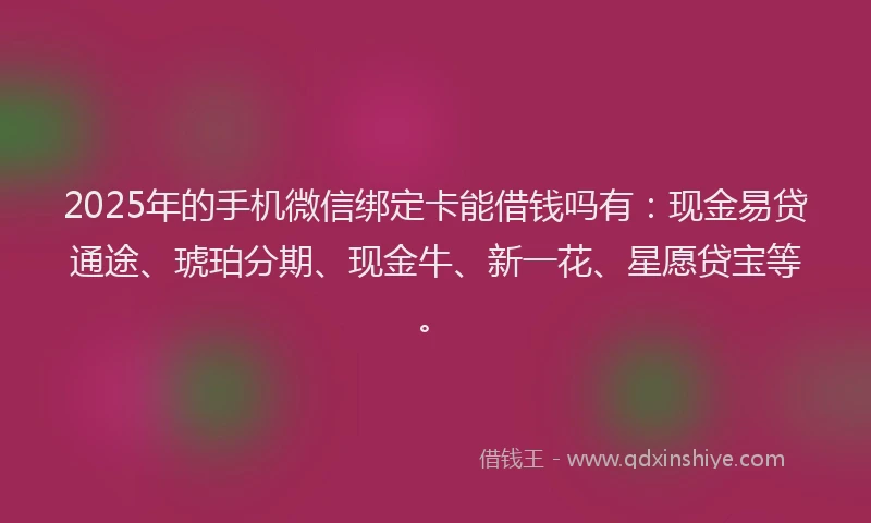 2025年的手机微信绑定卡能借钱吗有：现金易贷通途、琥珀分期、现金牛、新一花、星愿贷宝等。