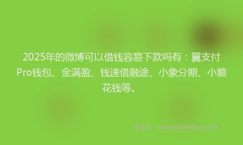 2025年的微博可以借钱容易下款吗有：翼支付Pro钱包、金满盈、钱速借融途、小象分期、小鹅花钱等。