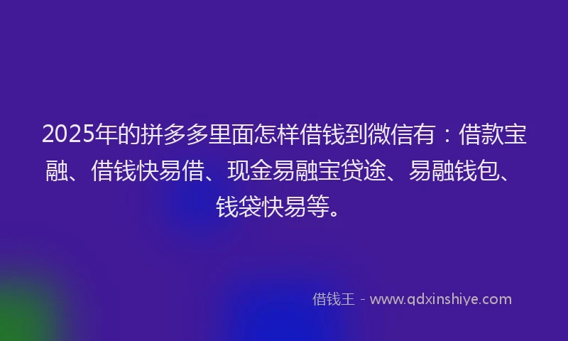 2025年的拼多多里面怎样借钱到微信有：借款宝融、借钱快易借、现金易融宝贷途、易融钱包、钱袋快易等。