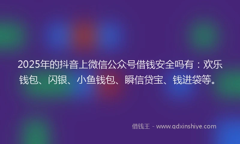 2025年的抖音上微信公众号借钱安全吗有：欢乐钱包、闪银、小鱼钱包、瞬信贷宝、钱进袋等。