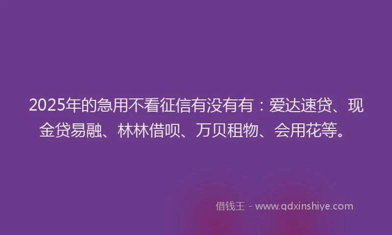 2025年的急用不看征信有没有有：爱达速贷、现金贷易融、林林借呗、万贝租物、会用花等。