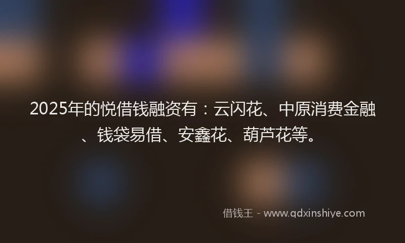 2025年的悦借钱融资有：云闪花、中原消费金融、钱袋易借、安鑫花、葫芦花等。