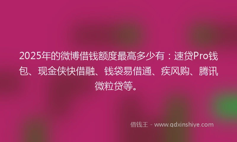 2025年的微博借钱额度最高多少有：速贷Pro钱包、现金侠快借融、钱袋易借通、疾风购、腾讯微粒贷等。