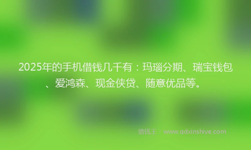 2025年的手机借钱几千有：玛瑙分期、瑞宝钱包、爱鸿森、现金侠贷、随意优品等。