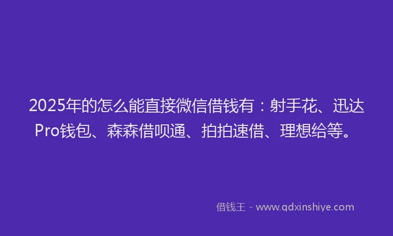2025年的怎么能直接微信借钱有：射手花、迅达Pro钱包、森森借呗通、拍拍速借、理想给等。