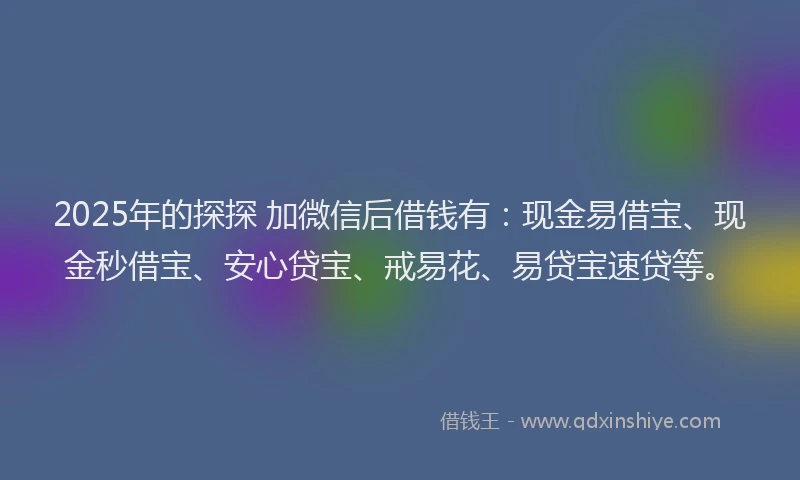 2025年的探探 加微信后借钱有：现金易借宝、现金秒借宝、安心贷宝、戒易花、易贷宝速贷等。
