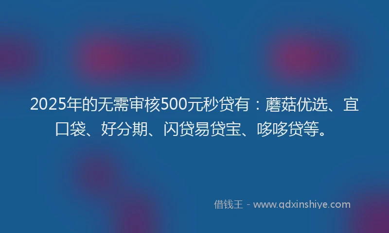 2025年的无需审核500元秒贷有：蘑菇优选、宜口袋、好分期、闪贷易贷宝、哆哆贷等。