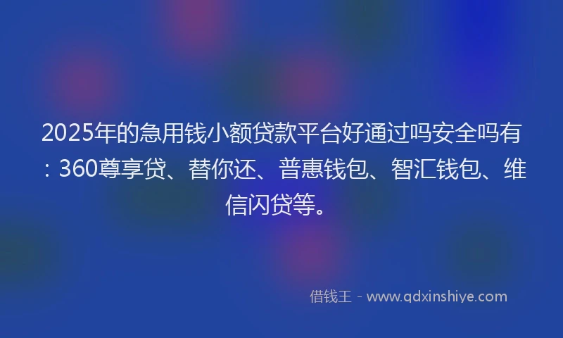 2025年的急用钱小额贷款平台好通过吗安全吗有：360尊享贷、替你还、普惠钱包、智汇钱包、维信闪贷等。