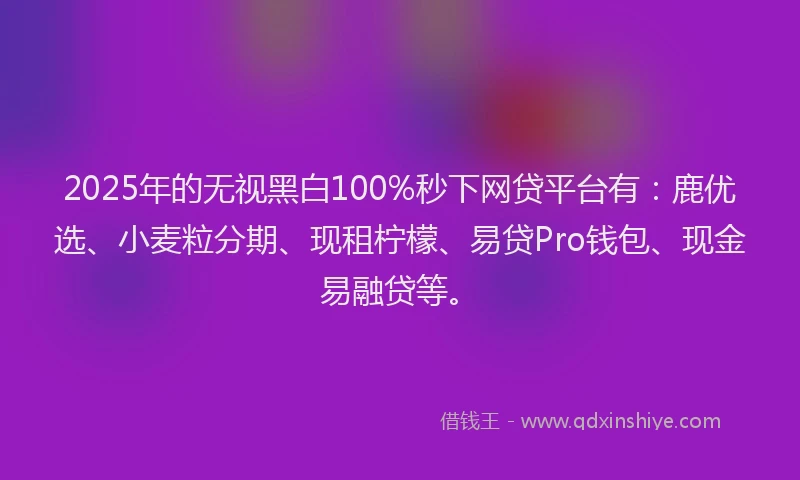 2025年的无视黑白100%秒下网贷平台有：鹿优选、小麦粒分期、现租柠檬、易贷Pro钱包、现金易融贷等。