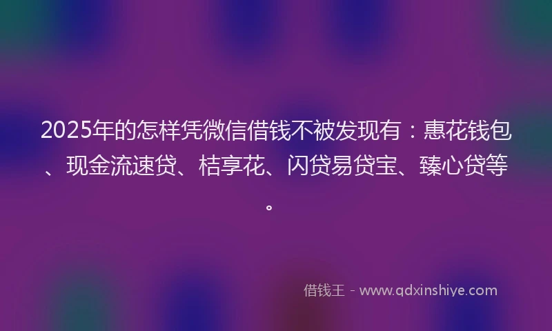 2025年的怎样凭微信借钱不被发现有：惠花钱包、现金流速贷、桔享花、闪贷易贷宝、臻心贷等。