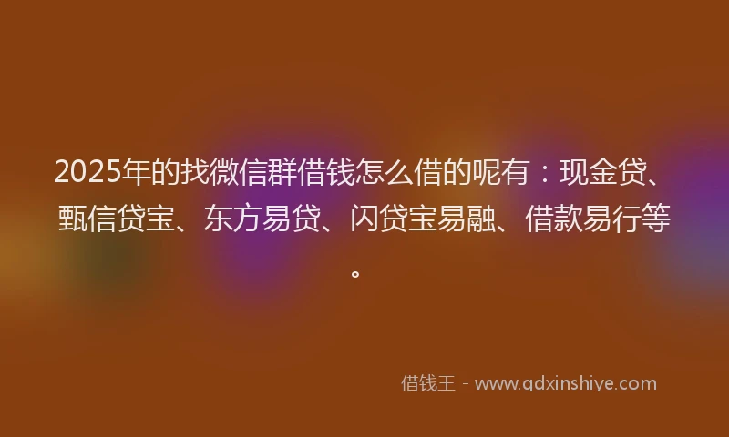 2025年的找微信群借钱怎么借的呢有：现金贷、甄信贷宝、东方易贷、闪贷宝易融、借款易行等。