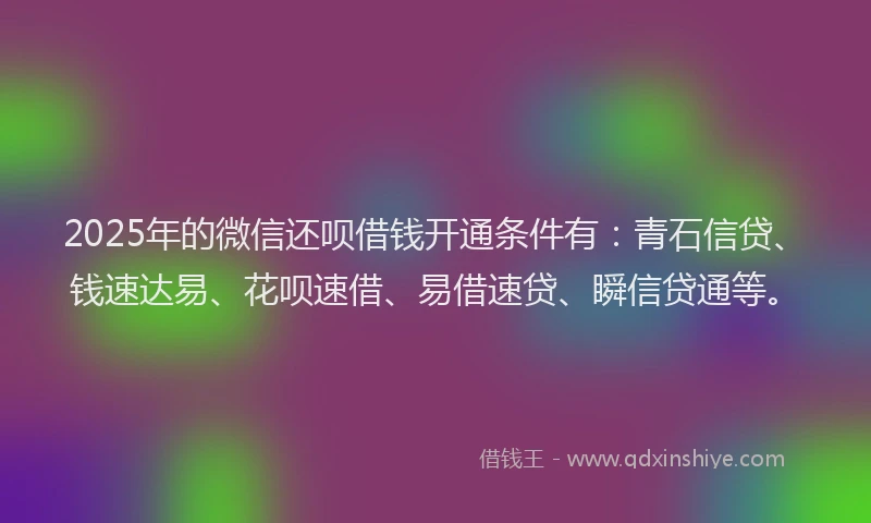 2025年的微信还呗借钱开通条件有：青石信贷、钱速达易、花呗速借、易借速贷、瞬信贷通等。