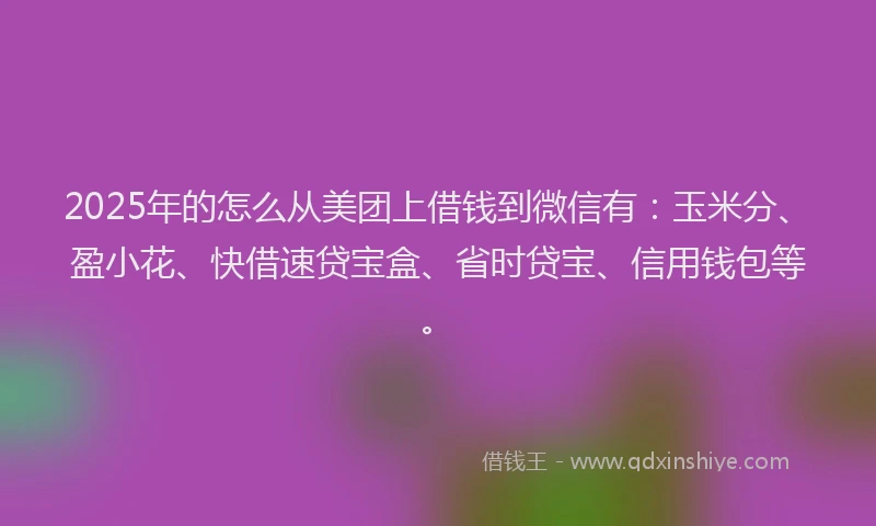 2025年的怎么从美团上借钱到微信有：玉米分、盈小花、快借速贷宝盒、省时贷宝、信用钱包等。