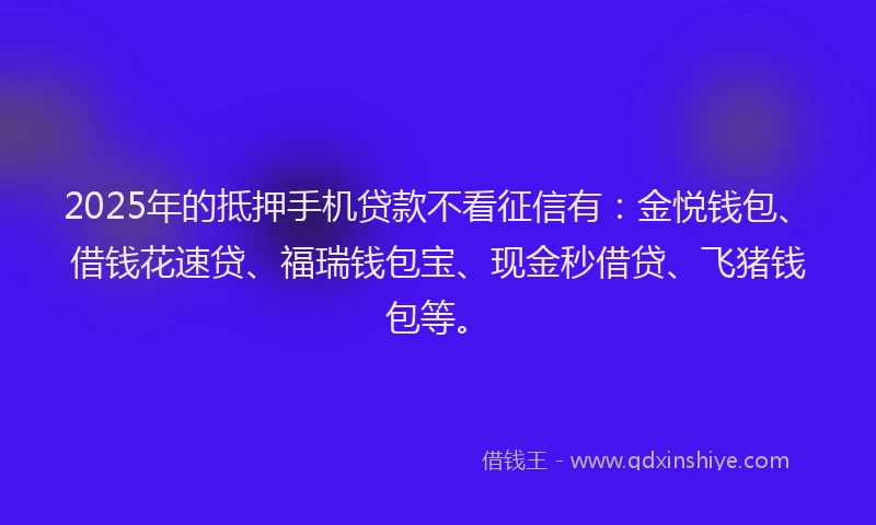 2025年的抵押手机贷款不看征信有：金悦钱包、借钱花速贷、福瑞钱包宝、现金秒借贷、飞猪钱包等。
